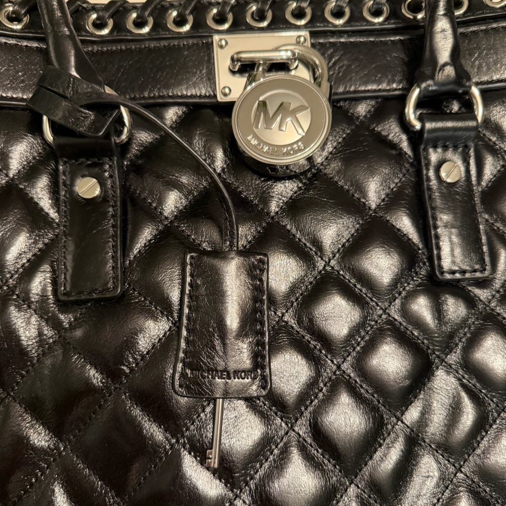 Michael Kors Black Quilted Leather Satchel Shoulder Bag Purse - Picture 6 of 7